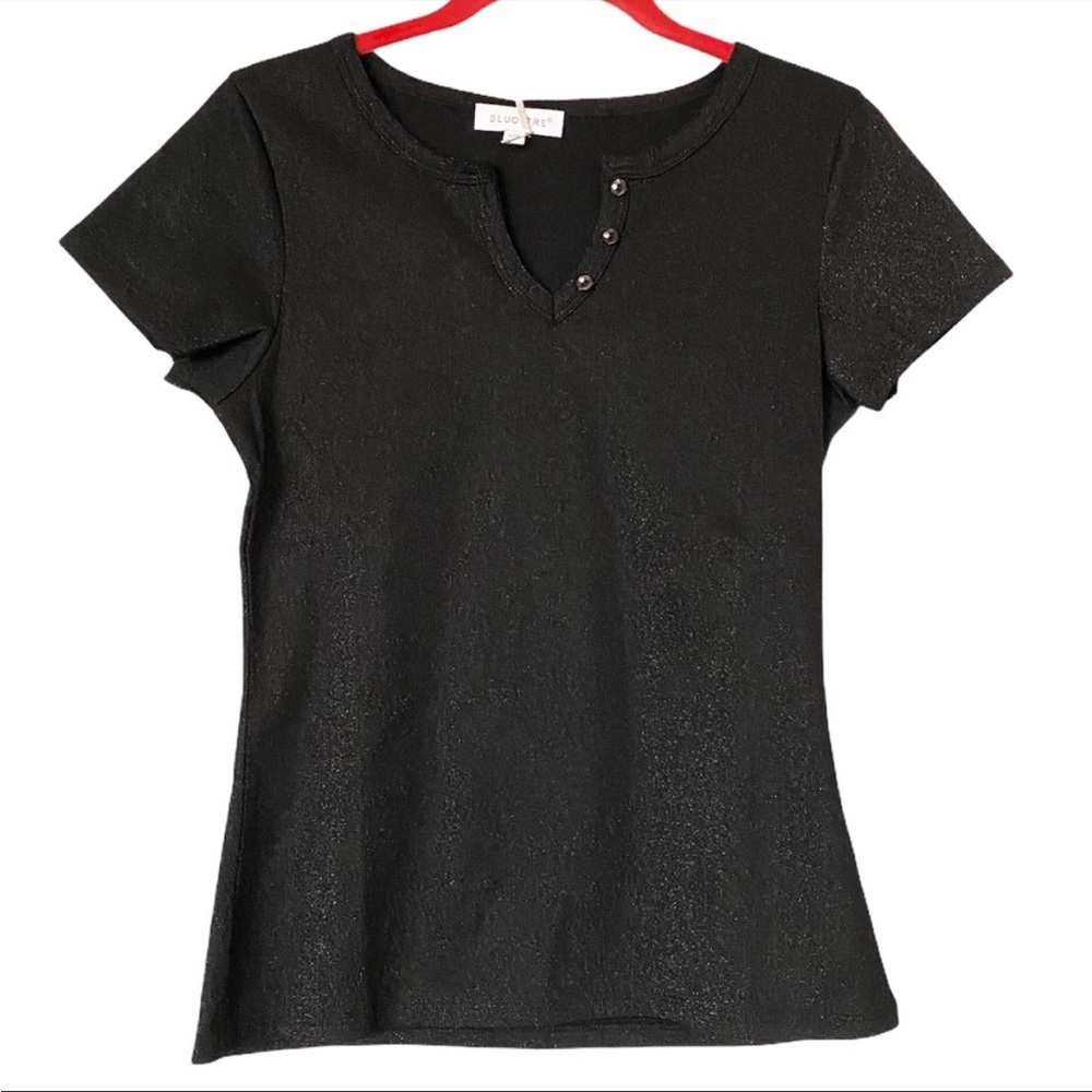 Black Shimmer Top with Rhinestone Neckline Short Sleeves